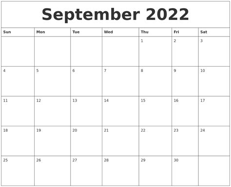 September 2022 Print Monthly Calendar