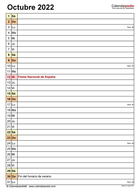 Calendario Octubre 2022 En Word Excel Y PDF Calendarpedia