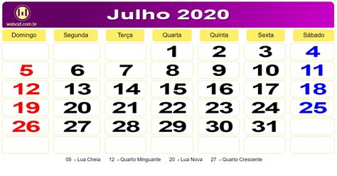 Calendário De Julho De 2020 Webcid