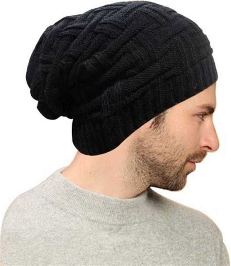 Buy Solid Unisex Black Woolen Long Beanie Cap For Winter Skul Head Cap