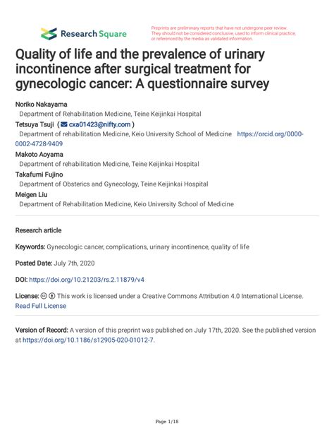 Pdf Quality Of Life And The Prevalence Of Urinary Incontinence After