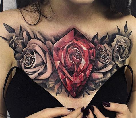 Rose Diamond Floral Chest Piece Best Tattoo Design Ideas