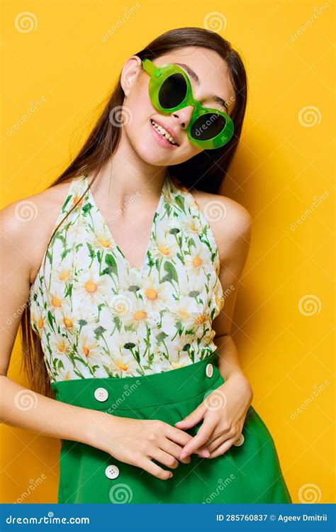 Woman Emotion Fashion Stylish Style Beautiful Yellow Sunglasses Happy Young Green Stock Image