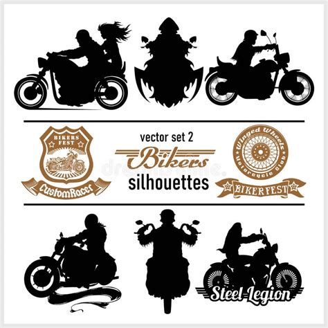 Biker Motorcycle Vector Silhouettes Vector Set Retro Emblem And