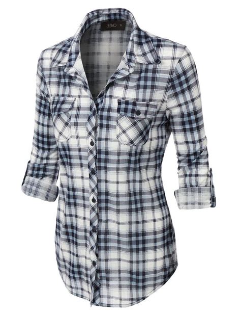 le3no womens lightweight plaid button down shirt with roll up sleeves plaid clothes roll up