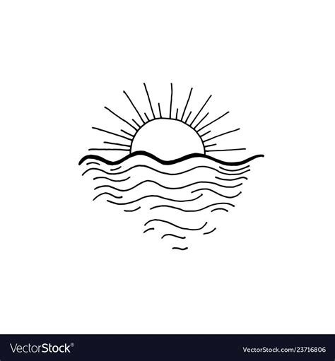 Sunset In The Ocean Sketch Drawing Icon Summer Themed Vector