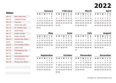 2022 Calendar Canada Stat Holidays