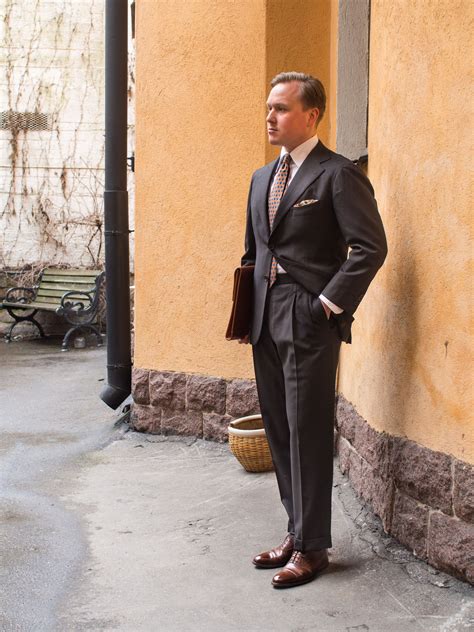 Brown Bespoke Wool Suit With Orange Accessories