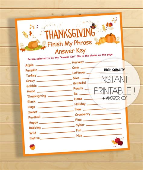 Thanksgiving Finish My Phrase Printable Thanksgiving Party Etsy