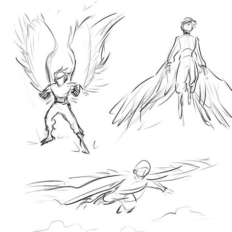 Three Sketches Of People In Different Poses One Is Flying And The