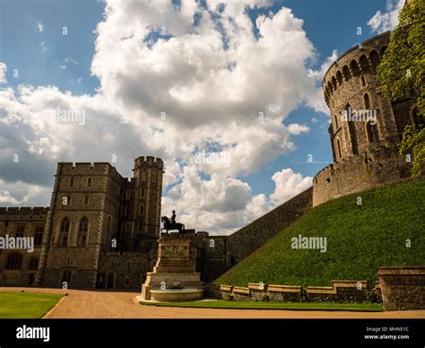 Upper Ward With Round Tower And Charles Ii Statue Windsor Castle