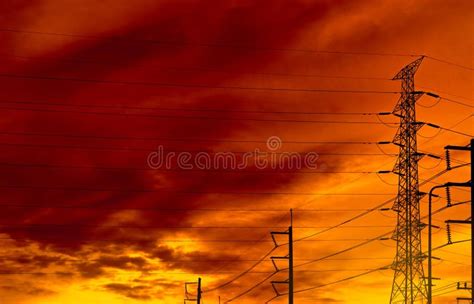 Silhouette High Voltage Electric Pylon And Electrical Wire With An