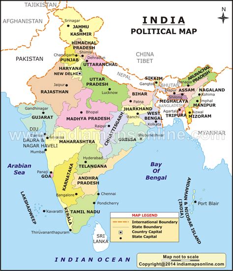India Political Map Shows All The States And Union Territories Of India