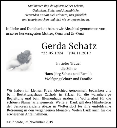Traueranzeigen Von Gerda Schatz Märkische Onlinezeitung Trauerportal