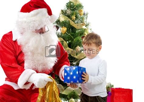 Santa Claus Giving Christmas Ts To Child By Subbotinaa Vectors