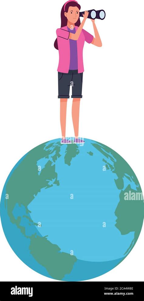 Young Tourist Woman Using Binoculars In Earth Planet Character Vector