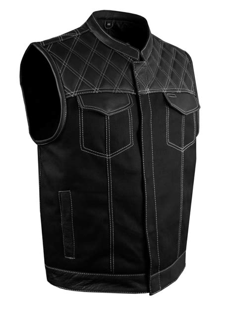 Mens Black Denim And Leather Motorcycle Club Vest White Thread Zipper