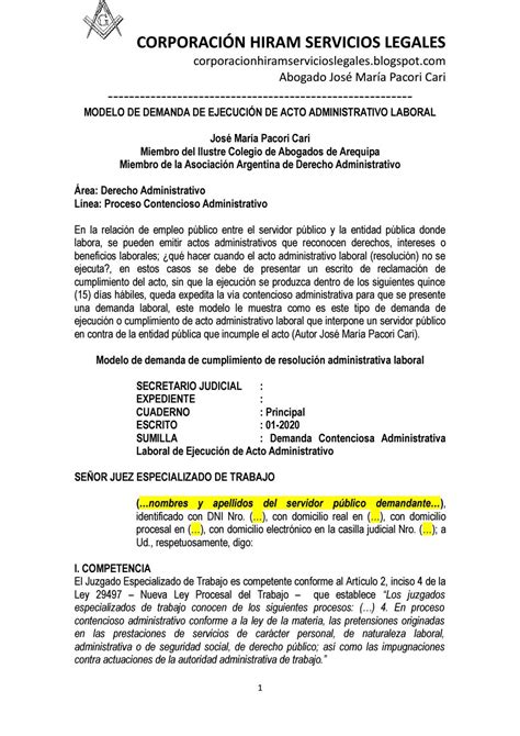 Modelo De Demanda De EjecuciÓn De Acto Administrativo Laboral By