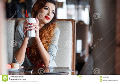The Red Haired Girl Drinking Coffee In Cafe Stock Image Image Of Happiness Internet 68484289
