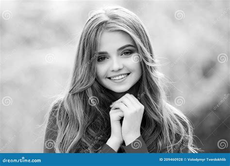 Cute Smiling Woman Outdoor Angel Girl With Long Hair Emotions Faces