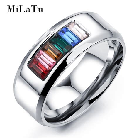 Milatu Fashion Lgbt Ring Stainless Steel Gay Pride Jewelry Wedding Rings Rainbow Colorful