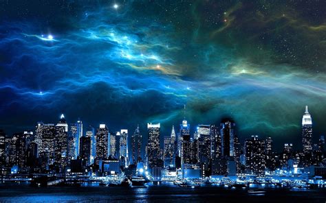 Download Starry Sky Star Cloud Blue Cityscape Sky Artistic City Hd