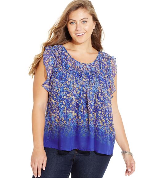 Jessica Simpson Plus Size Printed Gathered Chiffon Blouse In Blue Lyst