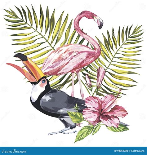 toucan and flamingo with tropical flowers and leaf element for design of invitations movie