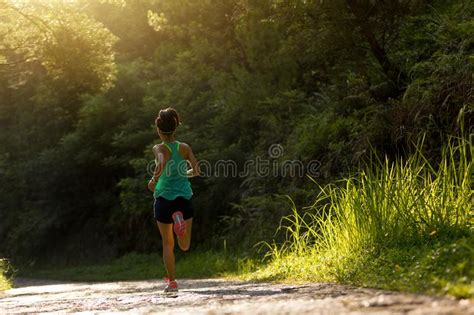 Woman Athlete Running On Forest Trail Stock Image Image Of People