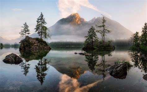 Nature Landscape Lake Sunrise Mist Forest Trees Reflection