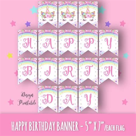 Unicorn Happy Birthday Banner Rainbow Unicorn Banner Instant Download