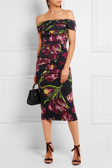 Dolce And Gabbana Off The Shoulder Floral Print Stretch Silk Charmeuse
