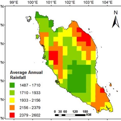 A Map Of Peninsular Malaysia Showing The Average Annual Rainfall