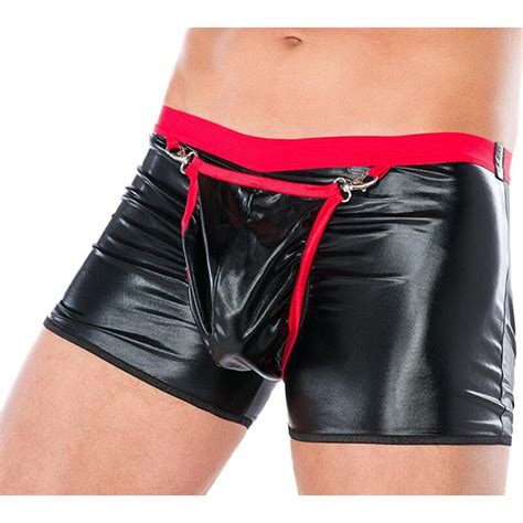 Sexy Men Faux Leather Boxer Shorts Wetlook Open Crotch Hollow Back