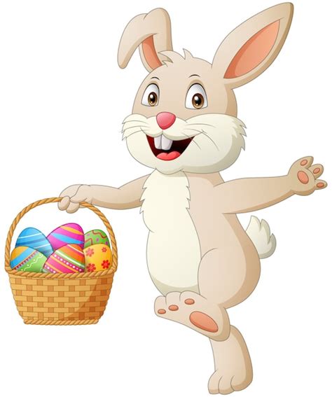 Cartoon Rabbit Holding Easter Eggs In Basket Illustration Premium