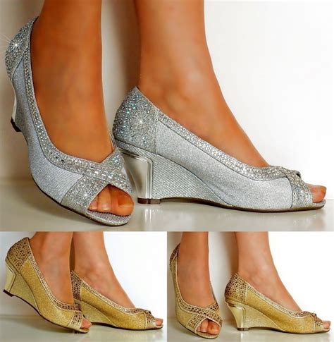 Womens Diamante Wedge Peep Toe Low Mid Heel Evening Party Court Shoes