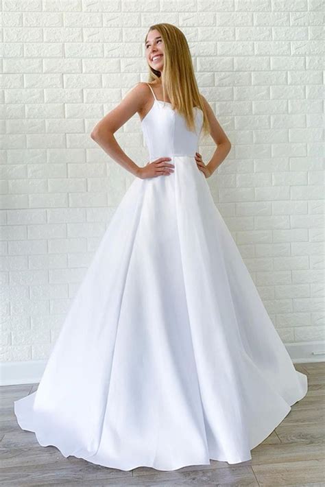 Simple A Line White Satin Long Wedding Prom Dress Cheap White Formal