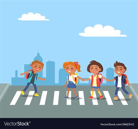 Kids Crossing Road In City Cartoon Royalty Free Vector Image