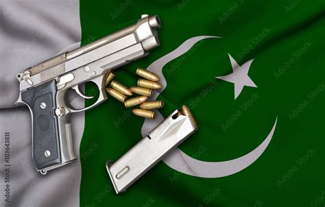 Pakistani Gun Laws Flag With Pistol Gun And Bullet Stock Illustration