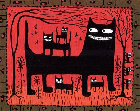 Whimsical Black Cats Art Print Red Folk Art 5x7