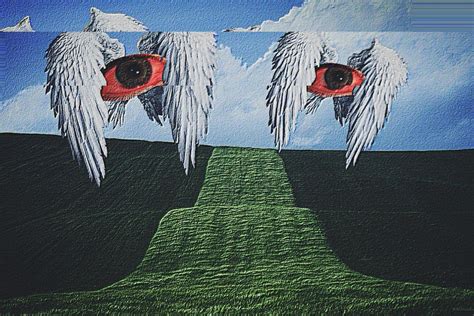 Two White Angel Wings With Red Eyes On A Blue Sky And Green Grass
