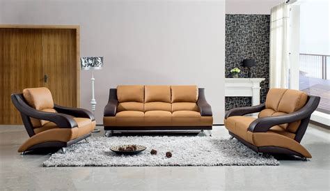 Brown Leather Contemporary Living Room Set With Metal Legs