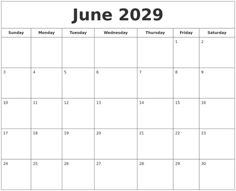 June 2029 Printable Calendar