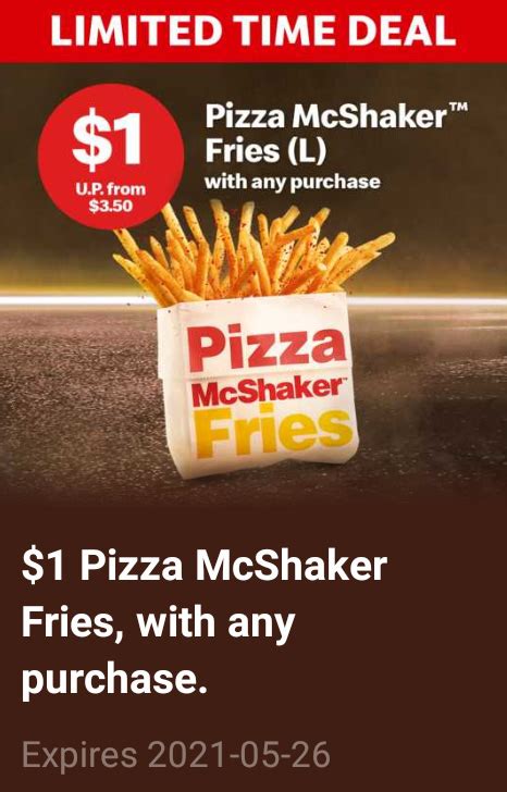 Browse through the latest offer codes and click on 'show coupon code' mcdelivery store page with the offer will open in a new tab. McDonald's has $1 Pizza McShaker Fries & 5 McDelivery ...