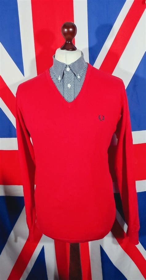 Fred Perry Knitted V Neck Jumper L Red Mod Casuals S EBay