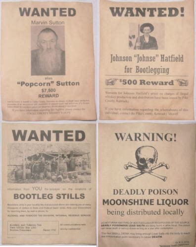 Set Of 4 Moonshine Wanted Posters Popcorn Sutton Johnse Hatfield More