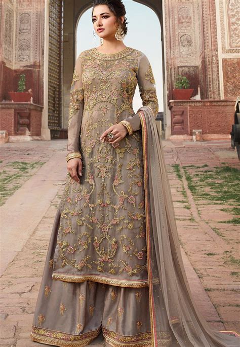 Grey Net Embroidered Long Kameez Sharara Style Pakistani Suit 5308