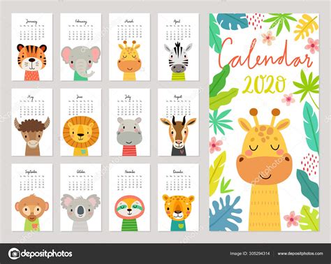 Calendar 2020 Cute Monthly Calendar With Jungle Animals Hand Drawn