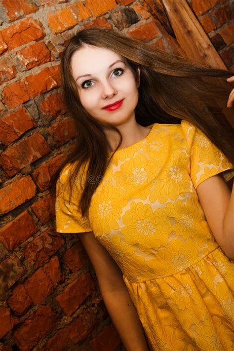 8219 Portrait Beautiful Young Woman Wearing Yellow Dress Stock Photos