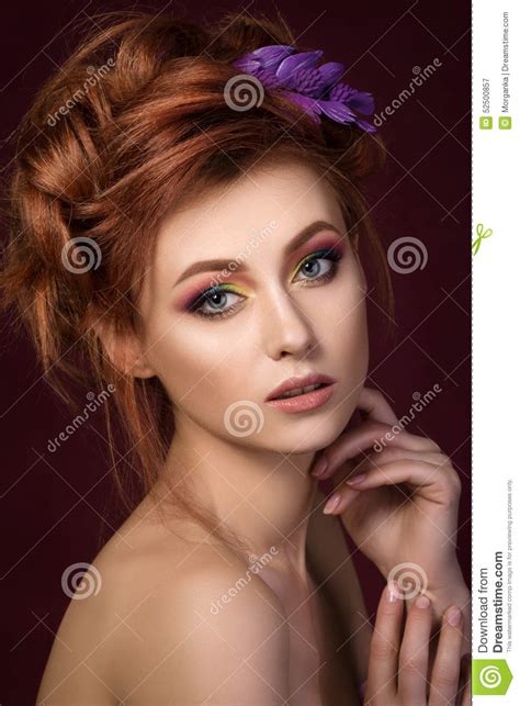 Portrait Of Beautiful Red Haired Woman With Purple Hair